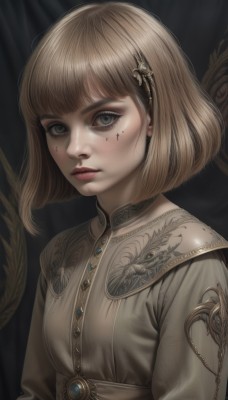 1girl,solo,looking at viewer,short hair,bangs,blue eyes,blonde hair,brown hair,hair ornament,long sleeves,dress,jewelry,closed mouth,upper body,blunt bangs,mole,lips,grey eyes,eyelashes,mole under eye,makeup,bob cut,gem,freckles,realistic,nose,red lips,breasts,blush,parted lips,artist name,eyeliner