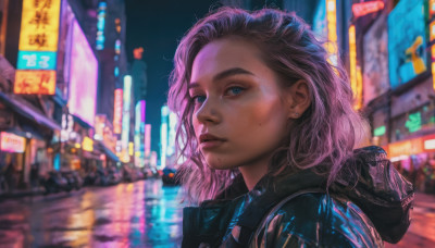 1girl, solo, looking at viewer, blue eyes, jewelry, jacket, upper body, pink hair, earrings, outdoors, hood, mole, blurry, lips, night, blurry background, piercing, thick eyebrows, hood down, ear piercing, mole under mouth, freckles, rain, city, realistic, nose, stud earrings, neon lights, mole on cheek