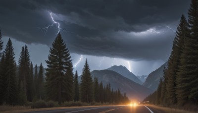 outdoors,sky,cloud,tree,no humans,cloudy sky,grass,nature,scenery,forest,mountain,electricity,road,lightning,landscape,pine tree,rain,lamppost,mountainous horizon,path,hill,overcast