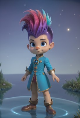 1girl,solo,looking at viewer,smile,short hair,blue eyes,jewelry,closed mouth,standing,full body,pink hair,purple hair,multicolored hair,earrings,boots,outdoors,sky,shorts,artist name,dark skin,water,two-tone hair,coat,night,brown footwear,piercing,grass,brooch,gem,ear piercing,child,star (sky),starry sky,reflection,ankle boots,ripples,blue coat,mohawk,hair ornament,gloves,long sleeves,1boy,blue hair,male focus,shoes,pants,watermark,feathers,asymmetrical hair,stud earrings