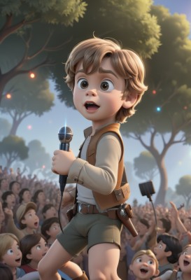 smile,short hair,open mouth,blonde hair,brown hair,shirt,long sleeves,1boy,hat,holding,brown eyes,white shirt,weapon,male focus,boots,outdoors,multiple boys,sky,shorts,teeth,solo focus,day,belt,vest,tree,gun,thick eyebrows,child,microphone,forest,6+boys,music,male child,singing,green shorts,microphone stand,brown vest,crowd,jacket,realistic,camera,people