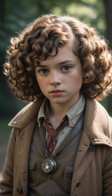 1girl,solo,looking at viewer,short hair,blue eyes,blonde hair,brown hair,shirt,jewelry,green eyes,jacket,white shirt,upper body,parted lips,necktie,collared shirt,necklace,blurry,vest,lips,coat,buttons,depth of field,blurry background,messy hair,freckles,curly hair,watch,brown jacket,realistic,nose,brown coat,bangs,earrings,outdoors,open clothes,teeth,day,artist name,medium hair,eyelashes,dress shirt,watermark,wing collar,red necktie,pendant,backlighting,pocket,open coat