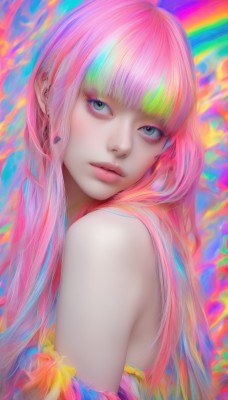 1girl,solo,long hair,looking at viewer,bangs,blue eyes,bare shoulders,jewelry,closed mouth,blue hair,upper body,pink hair,multicolored hair,earrings,blunt bangs,lips,eyelashes,makeup,eyeshadow,realistic,nose,eyeliner,multicolored background,rainbow,colorful,rainbow hair,from side,streaked hair,head tilt,grey eyes,watermark,pink lips,mascara