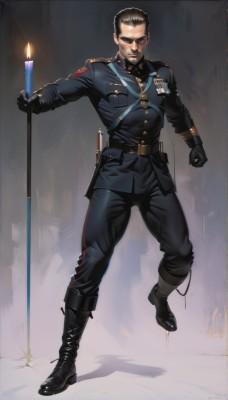 solo,looking at viewer,short hair,black hair,gloves,1boy,holding,standing,jacket,full body,weapon,male focus,boots,black gloves,belt,pants,black footwear,uniform,black eyes,military,military uniform,muscular,facial hair,black pants,eyepatch,thick eyebrows,muscular male,clenched hand,bara,beard,mature male,mustache,candle,very short hair,medal,brown hair,necktie,knife,realistic,badge