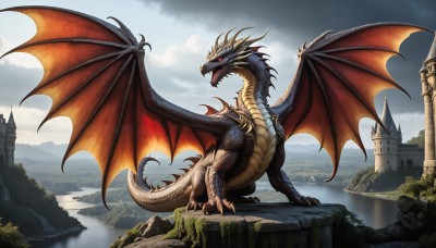 HQ,solo,open mouth,red eyes,tail,outdoors,wings,horns,sky,teeth,day,cloud,water,no humans,fangs,cloudy sky,sharp teeth,scenery,claws,monster,mountain,fantasy,dragon,scales,ruins,castle,tree,nature,landscape