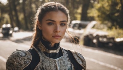 1girl,solo,long hair,looking at viewer,brown hair,black hair,brown eyes,closed mouth,upper body,outdoors,dark skin,armor,blurry,black eyes,dark-skinned female,lips,depth of field,blurry background,ground vehicle,shoulder armor,motor vehicle,freckles,pauldrons,breastplate,realistic,car,road,chainmail,sunlight,portrait,backlighting