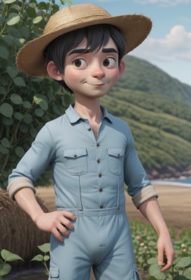 solo,looking at viewer,smile,short hair,shirt,black hair,1boy,hat,brown eyes,closed mouth,standing,male focus,cowboy shot,outdoors,sky,day,pants,cloud,blurry,blue sky,hand on hip,blurry background,leaf,thick eyebrows,blue shirt,child,freckles,pocket,straw hat,overalls,breast pocket,male child,blush,denim,sleeves rolled up,realistic,jumpsuit