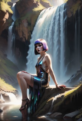 1girl,solo,breasts,looking at viewer,short hair,bangs,black hair,dress,bare shoulders,jewelry,sitting,swimsuit,full body,purple hair,hairband,small breasts,outdoors,parted lips,blunt bangs,water,nail polish,black dress,high heels,bracelet,from side,lips,legs,sideboob,makeup,toes,headband,sandals,bob cut,lipstick,red nails,toenails,rock,red lips,waterfall,brown eyes,pink hair,multicolored hair,necklace