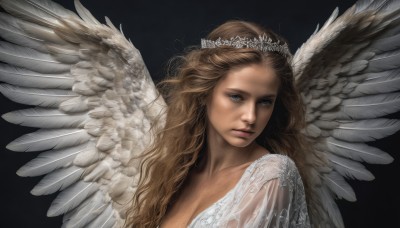 1girl,solo,long hair,looking at viewer,blue eyes,blonde hair,simple background,brown hair,dress,upper body,wings,lips,see-through,wavy hair,tiara,black background,feathered wings,angel wings,realistic,white wings,angel,breasts,cleavage,feathers,crown