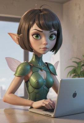 1girl,solo,breasts,looking at viewer,short hair,bangs,brown hair,cleavage,closed mouth,green eyes,upper body,small breasts,wings,day,pointy ears,artist name,indoors,armor,blurry,covered nipples,lips,clothing cutout,window,blurry background,cleavage cutout,bob cut,plant,elf,shoulder armor,freckles,pauldrons,fairy wings,fairy,computer,laptop,keyboard (computer),mouse (computer),body freckles,ahoge,eyelashes,bodysuit,turtleneck,antenna hair,skin tight,nose,gorget