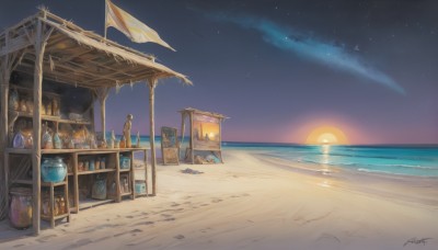 outdoors,sky,artist name,cloud,signature,water,no humans,night,ocean,chair,beach,bottle,star (sky),night sky,scenery,starry sky,sunset,sand,sun,horizon,jar,crate,solo,1boy,day,book,umbrella,crystal,footprints