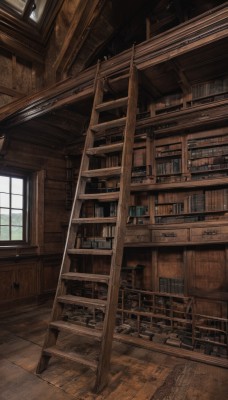 day,indoors,book,no humans,window,chair,sunlight,scenery,wooden floor,stairs,door,railing,bookshelf,shelf,library,ceiling,ladder,desk