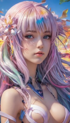 1girl,solo,long hair,breasts,looking at viewer,bangs,blue eyes,hair ornament,cleavage,bare shoulders,medium breasts,closed mouth,upper body,pink hair,flower,multicolored hair,outdoors,sky,day,hair flower,blue sky,lips,eyelashes,freckles,realistic,nose,jewelry,green eyes,parted lips,shiny,artist name,aqua eyes,detached collar,leaf,expressionless,sunlight,pink lips