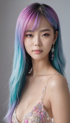 1girl,solo,long hair,breasts,looking at viewer,bangs,simple background,cleavage,bare shoulders,jewelry,medium breasts,closed mouth,underwear,blue hair,collarbone,upper body,pink hair,purple hair,multicolored hair,earrings,small breasts,grey background,bra,black eyes,two-tone hair,lips,eyelashes,gradient hair,makeup,swept bangs,lingerie,light smile,eyeshadow,realistic,nose,black hair,brown eyes