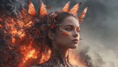 1girl, solo, brown hair, hair ornament, closed mouth, upper body, lips, looking away, bug, fire, butterfly, portrait, smoke, realistic, nose, embers, burning