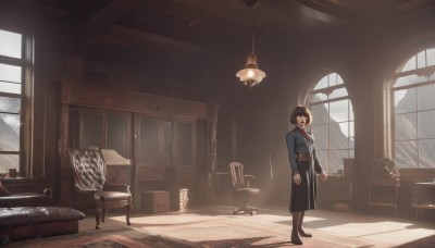 1girl,solo,looking at viewer,short hair,skirt,brown hair,shirt,black hair,long sleeves,bow,brown eyes,standing,jacket,pantyhose,shoes,day,belt,indoors,black skirt,black footwear,book,window,shadow,chair,table,sunlight,blue jacket,scenery,couch,desk,wooden floor,lamp,wide shot,armchair,ceiling light,window shade,bangs,closed mouth,full body,white shirt,glasses,collared shirt,pillow,black pantyhose,bob cut,red necktie,high-waist skirt,long skirt,arms at sides,glass,carpet,chandelier