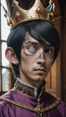 solo,looking at viewer,short hair,blue eyes,black hair,1boy,brown eyes,jewelry,closed mouth,male focus,earrings,indoors,blurry,black eyes,lips,grey eyes,tattoo,blurry background,facial hair,heterochromia,facial mark,crown,gem,portrait,realistic,nose,mustache,facial tattoo,bangs,brooch