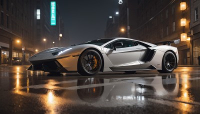 outdoors,sky,no humans,night,ground vehicle,building,night sky,scenery,motor vehicle,reflection,city,sign,car,road,vehicle focus,lamppost,street,lights,sports car,water,from side,rain