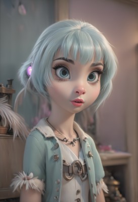 1girl,solo,looking at viewer,short hair,bangs,blue eyes,shirt,hair ornament,jewelry,closed mouth,blue hair,collarbone,jacket,upper body,short sleeves,open clothes,indoors,necklace,blurry,flat chest,lips,fur trim,eyelashes,makeup,buttons,depth of field,blurry background,lipstick,nose,red lips,female child,mascara,dress,white hair,parted lips,artist name,aqua eyes,open jacket,feathers,blue jacket