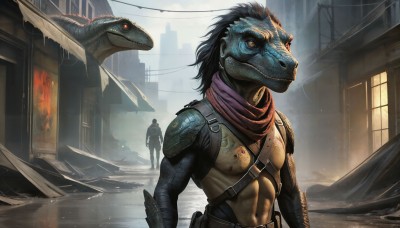 HQ,black hair,red eyes,1boy,standing,male focus,outdoors,multiple boys,sky,solo focus,belt,scarf,armor,orange eyes,muscular,glowing,animal,abs,fire,building,glowing eyes,science fiction,monster,city,snake,realistic,scales,ruins,lizard,yellow eyes,window,colored skin,shoulder armor