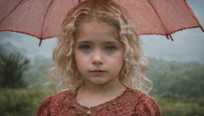 1girl,solo,long hair,looking at viewer,blue eyes,blonde hair,dress,closed mouth,upper body,outdoors,sky,day,cloud,blurry,tree,lips,depth of field,blurry background,umbrella,wavy hair,expressionless,red dress,cloudy sky,portrait,forehead,freckles,rain,curly hair,realistic,holding,jewelry,green eyes,parted lips,necklace,grey eyes,eyelashes,parasol