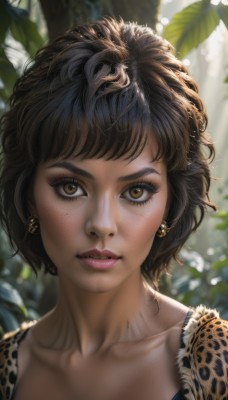 1girl,solo,breasts,looking at viewer,short hair,bangs,brown hair,black hair,cleavage,brown eyes,jewelry,medium breasts,collarbone,upper body,earrings,parted lips,teeth,artist name,dark skin,bra,blurry,dark-skinned female,lips,eyelashes,tattoo,makeup,depth of field,blurry background,leaf,watermark,sunlight,plant,lipstick,animal print,messy hair,portrait,web address,close-up,eyeshadow,freckles,curly hair,realistic,nose,mascara,leopard print,feathers