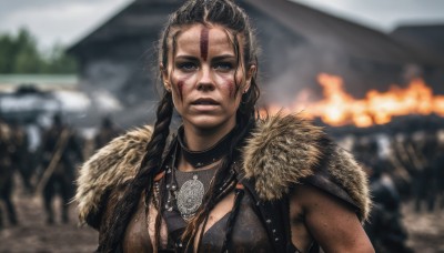 1girl,solo,long hair,breasts,looking at viewer,brown hair,black hair,jewelry,upper body,braid,earrings,outdoors,parted lips,solo focus,dark skin,necklace,armor,blurry,twin braids,dark-skinned female,lips,fur trim,blood,depth of field,blurry background,scar,facial mark,realistic,nose,facepaint,dirty,blood on face,dirty face